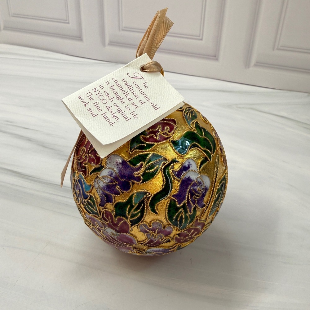 NYCO 1998 Nicki Yassaman Cloisonne Enamel Floral Christmas Ornament Gold 3" NWT